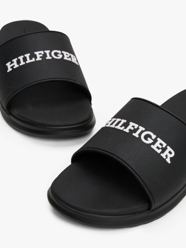 Black Textured Logo Pool Slides  Men