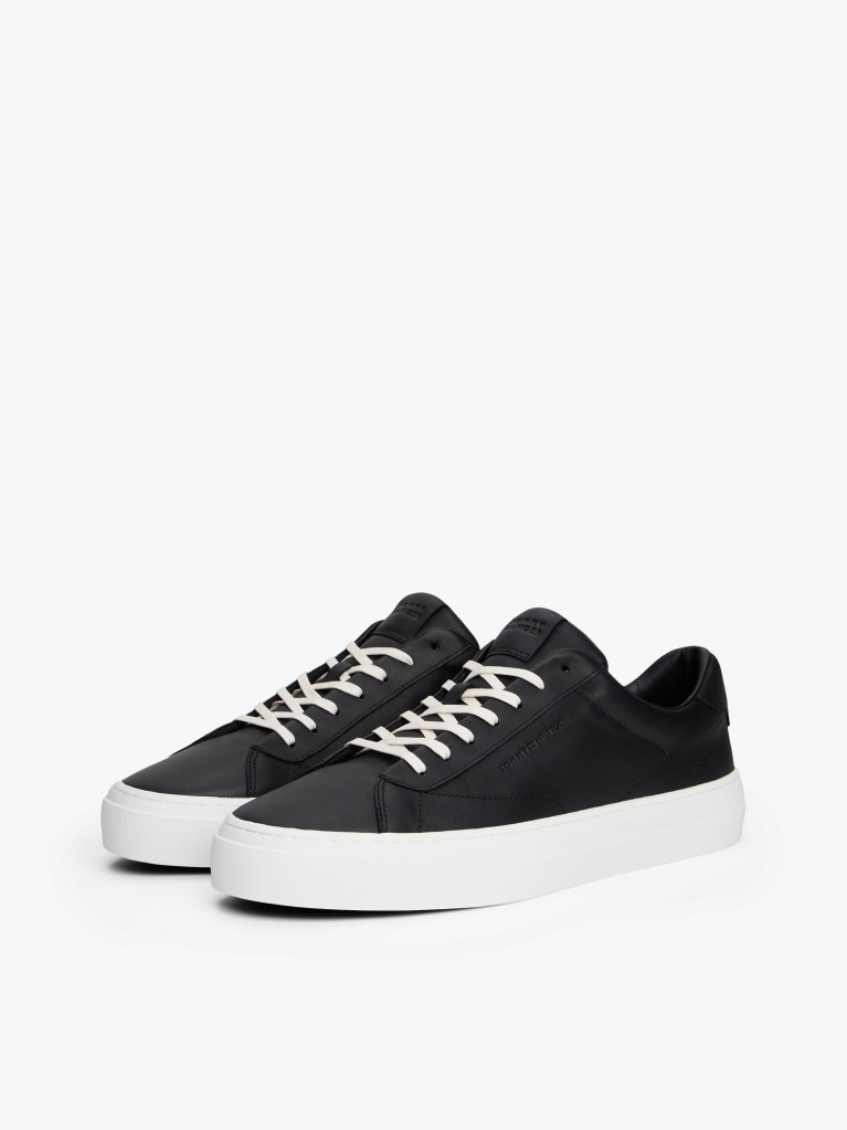 Black Leather Cupsole Trainers  Men