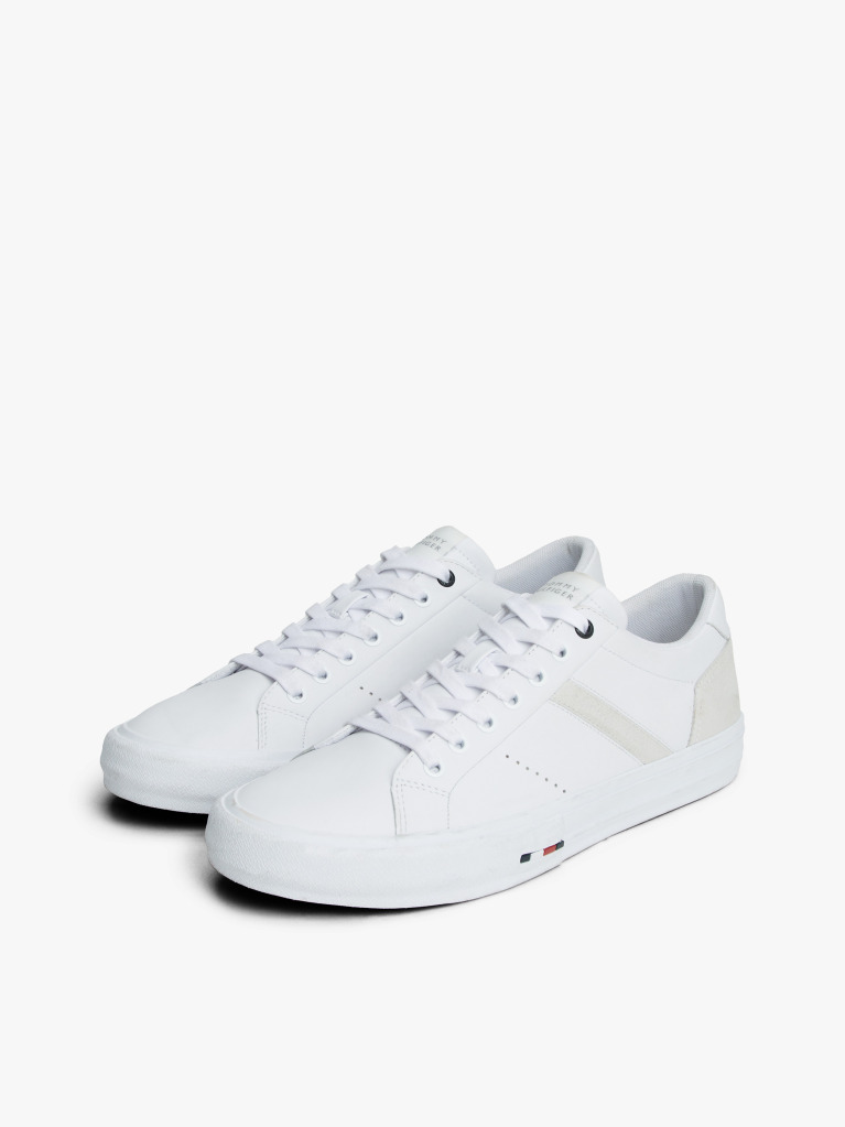 White Leather Mixed Texture Trainers  Men