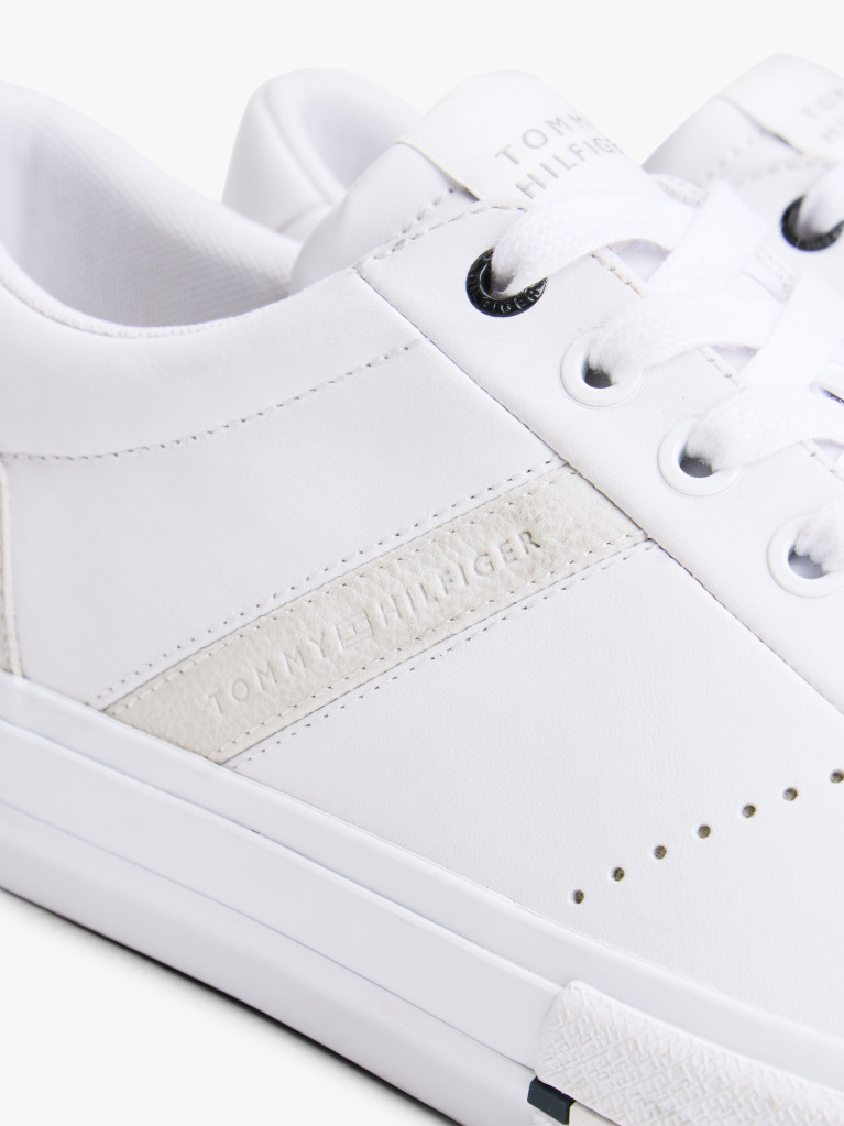 White Leather Mixed Texture Trainers  Men