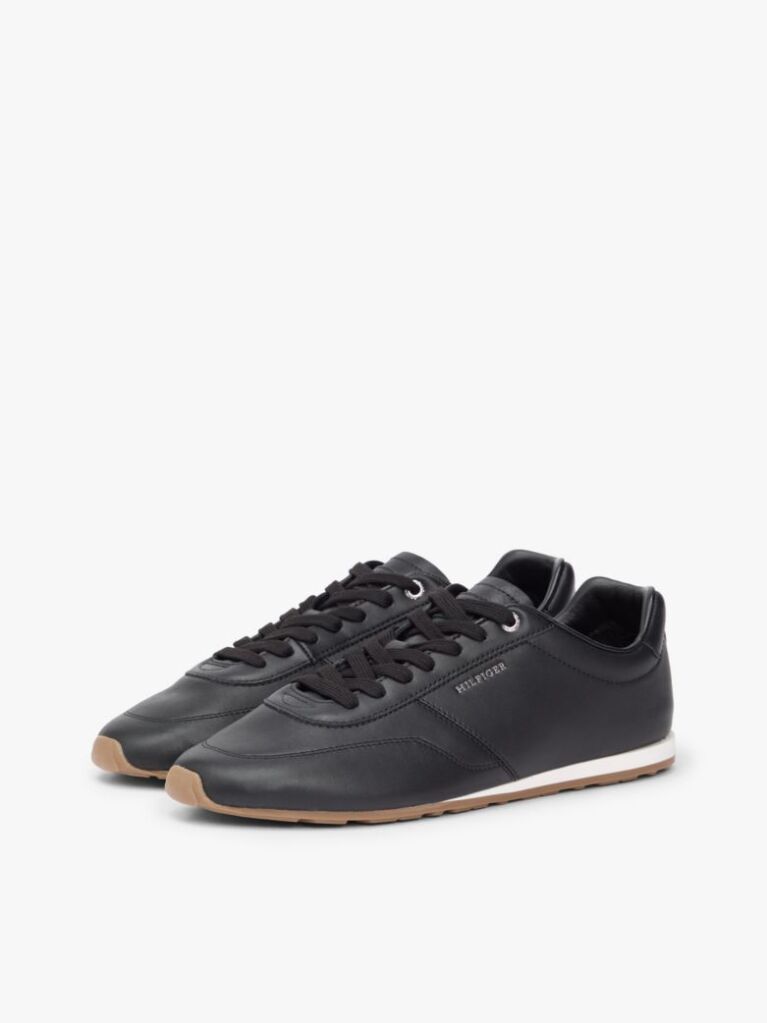 Black Low Profile Logo Leather Trainers  Men