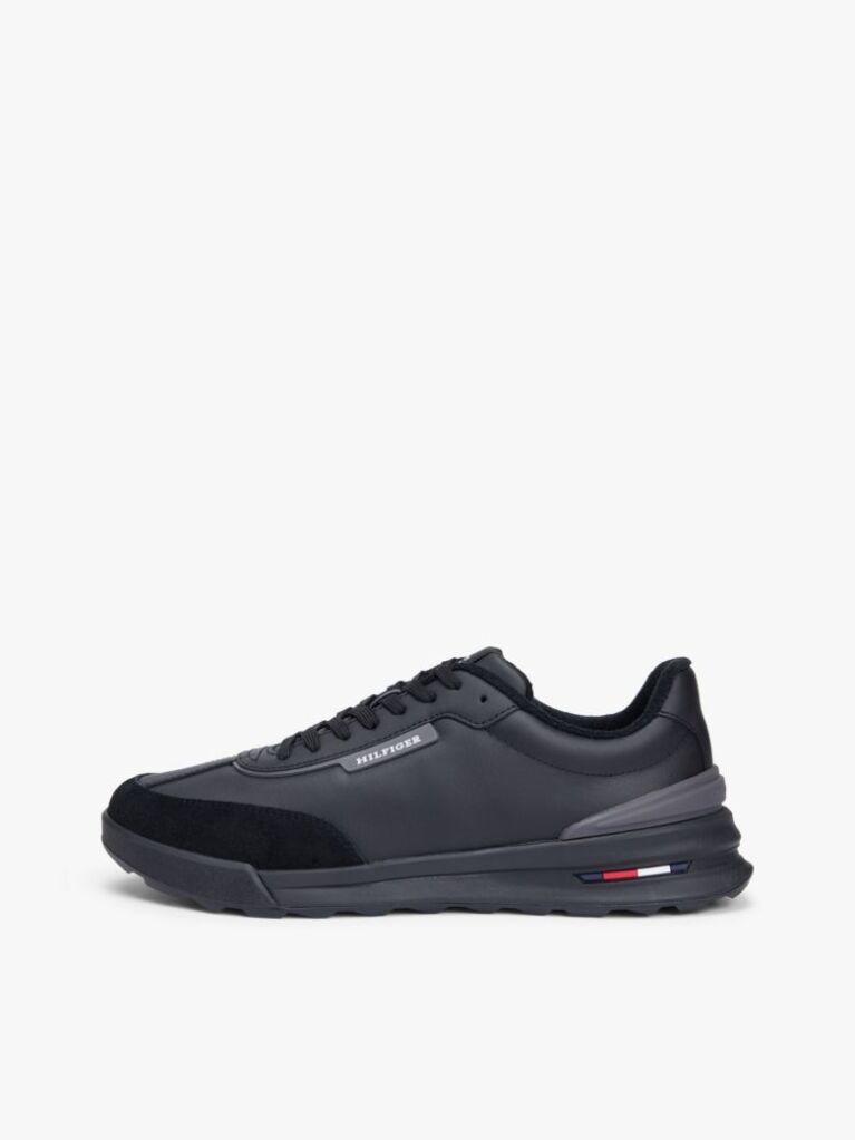Black Retro Mixed Texture Trainers With Leather  Men