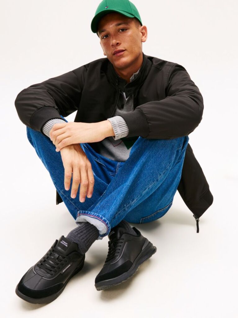 Black Retro Mixed Texture Trainers With Leather  Men