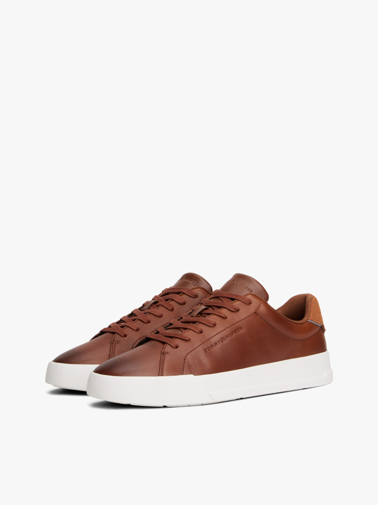Brown Leather Debossed Logo Court Trainers  Men