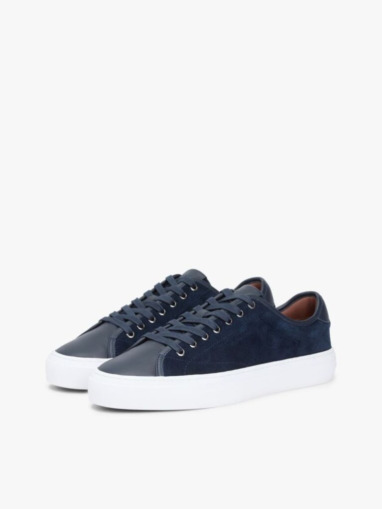 Blue Leather Mixed Texture Court Trainers  Men