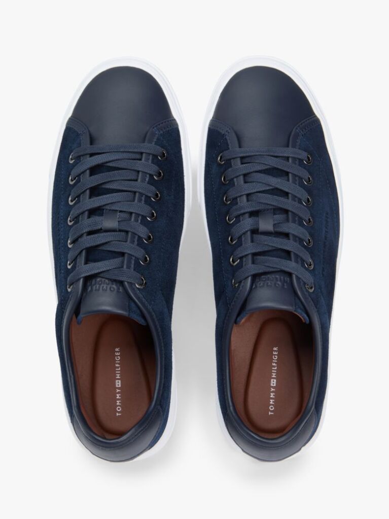 Blue Leather Mixed Texture Court Trainers  Men