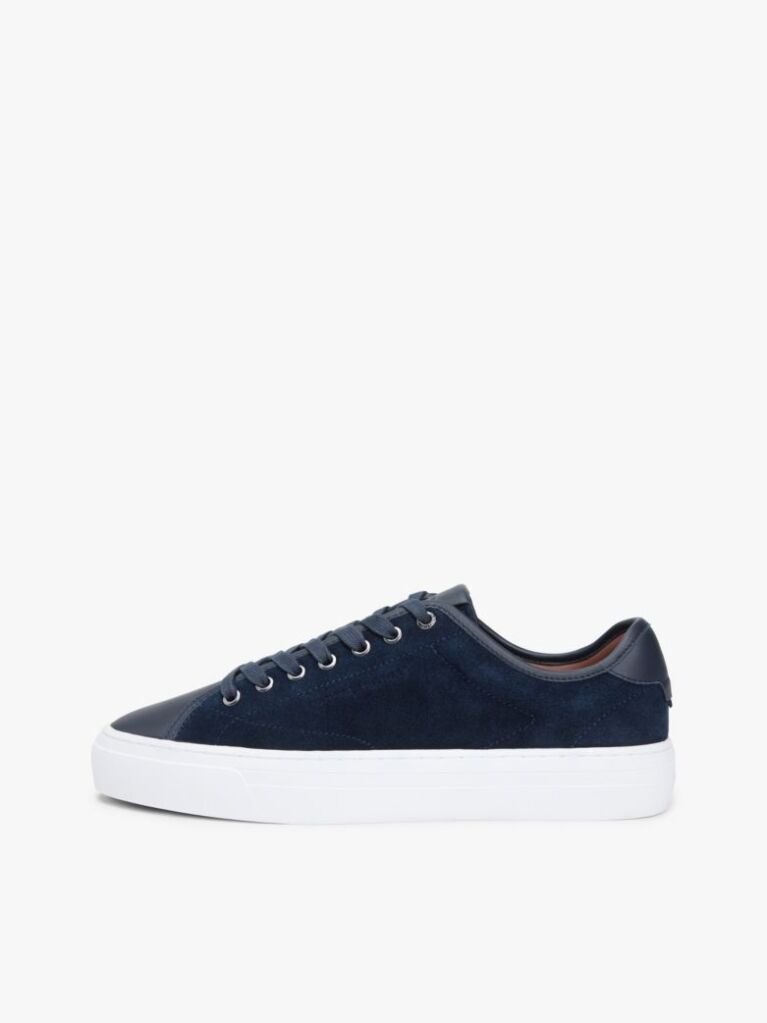 Blue Leather Mixed Texture Court Trainers  Men