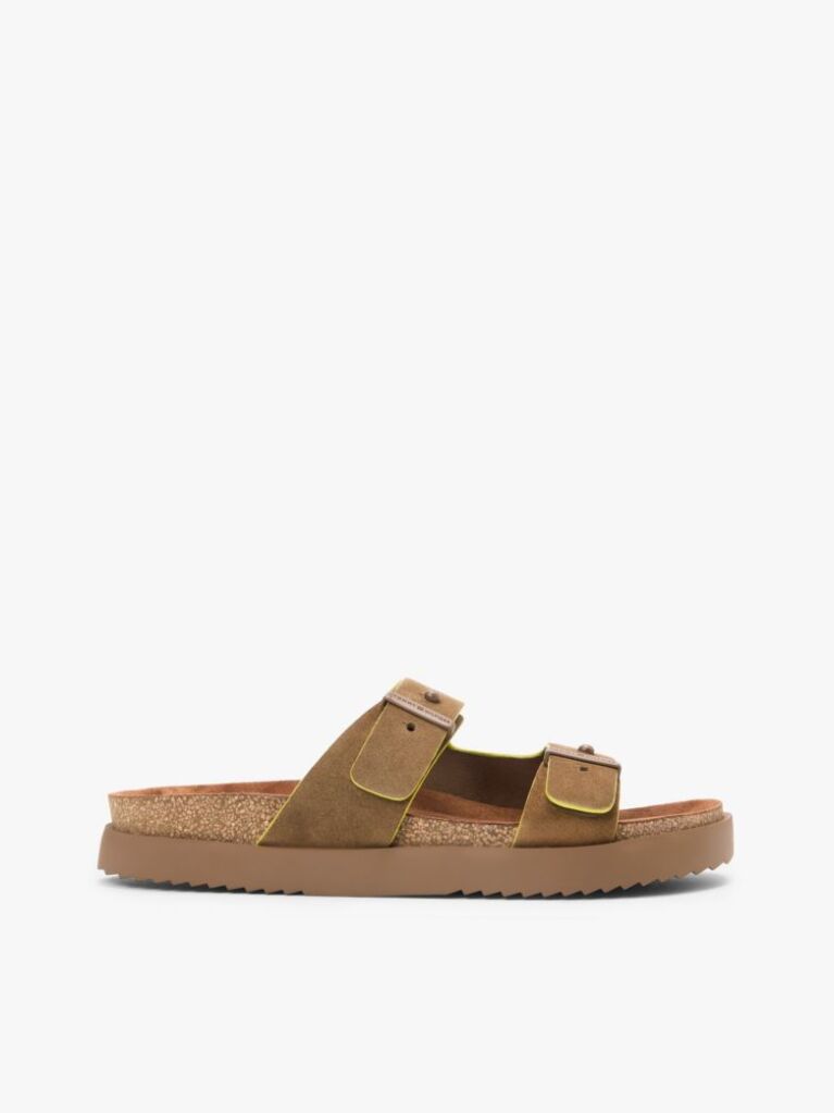 Brown Suede Buckle Cork Footbed Serrated Sandals  Men