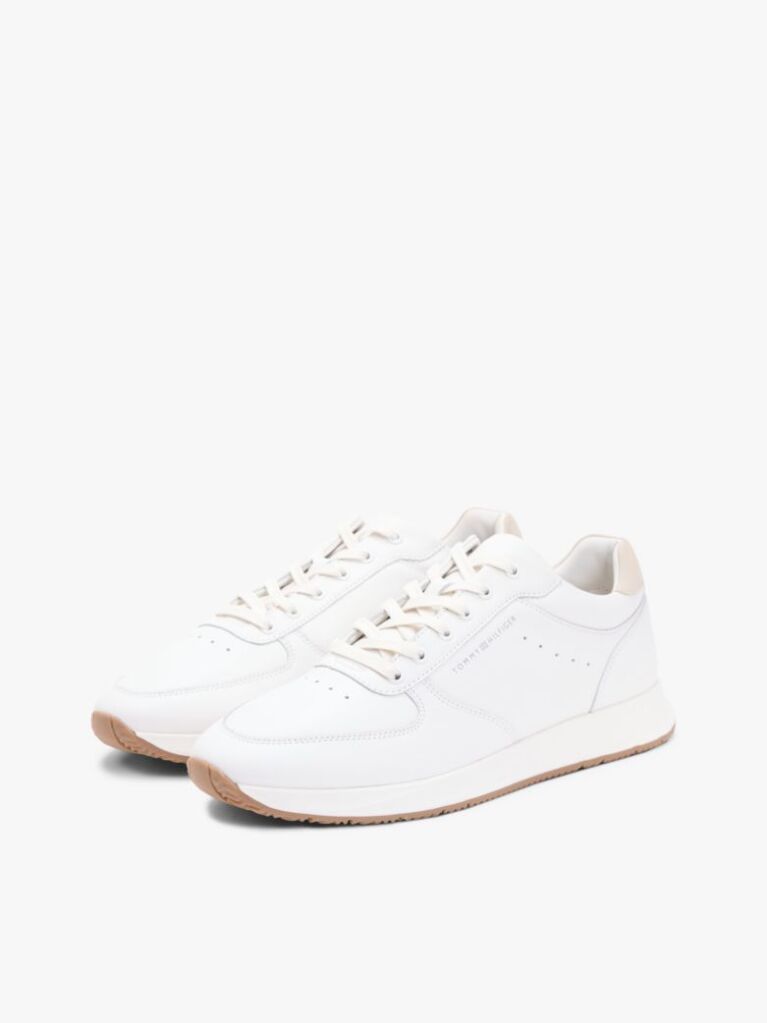 White Debossed Leather Fine Cleat Trainers  Men