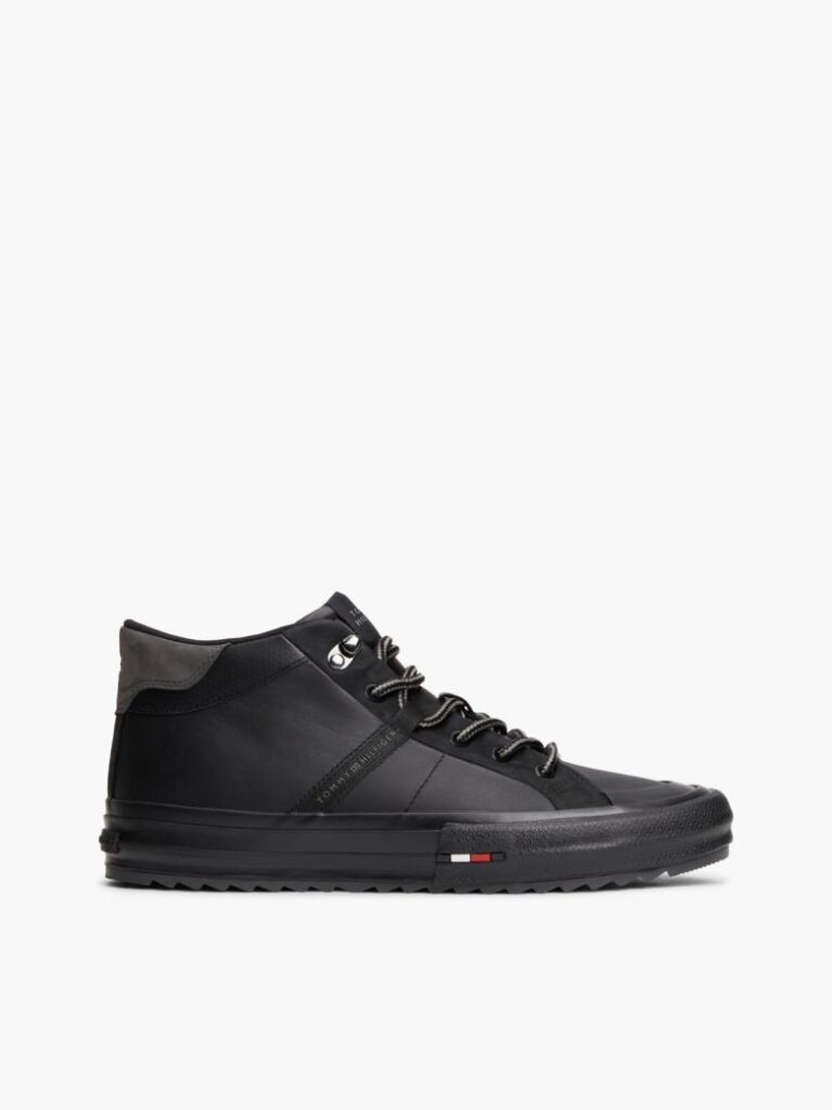 Black Leather Serrated Mid-Top Sneakers  Men