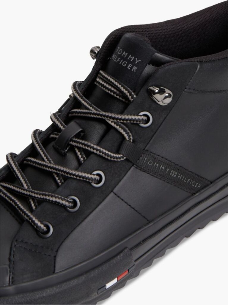 Black Leather Serrated Mid-Top Sneakers  Men