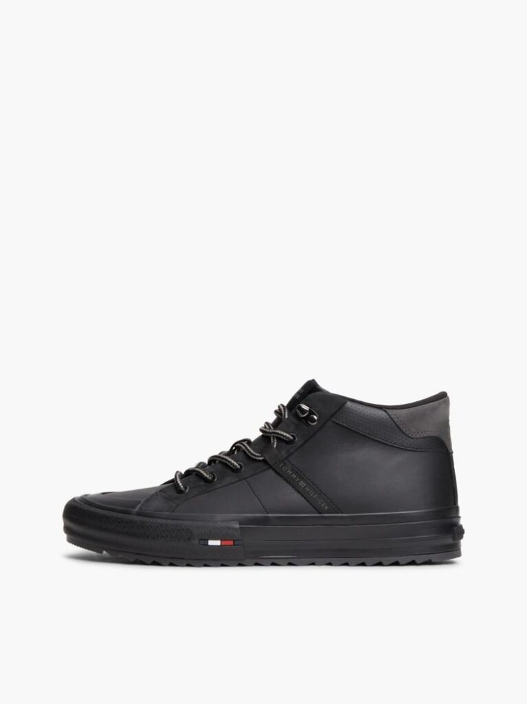 Black Leather Serrated Mid-Top Sneakers  Men