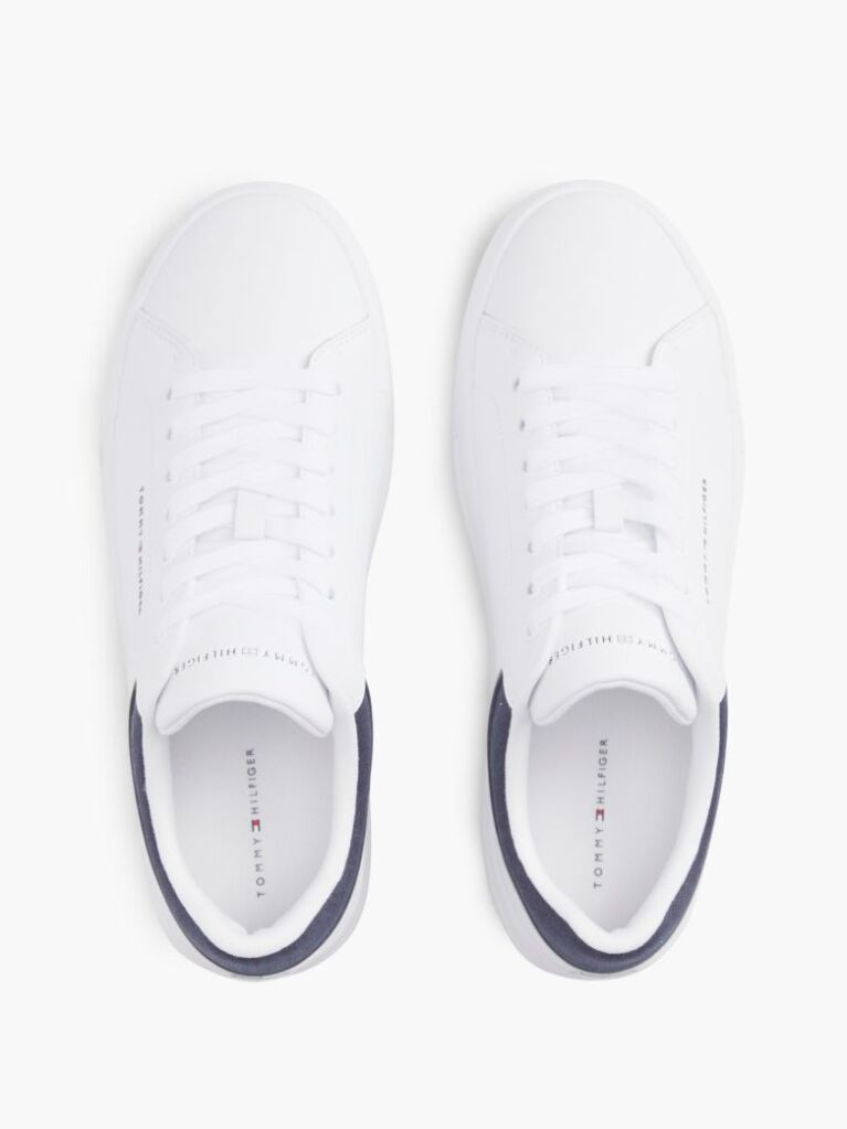 White Mixed Texture Court Sneakers With Leather  Men
