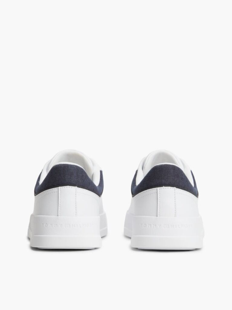 White Mixed Texture Court Sneakers With Leather  Men