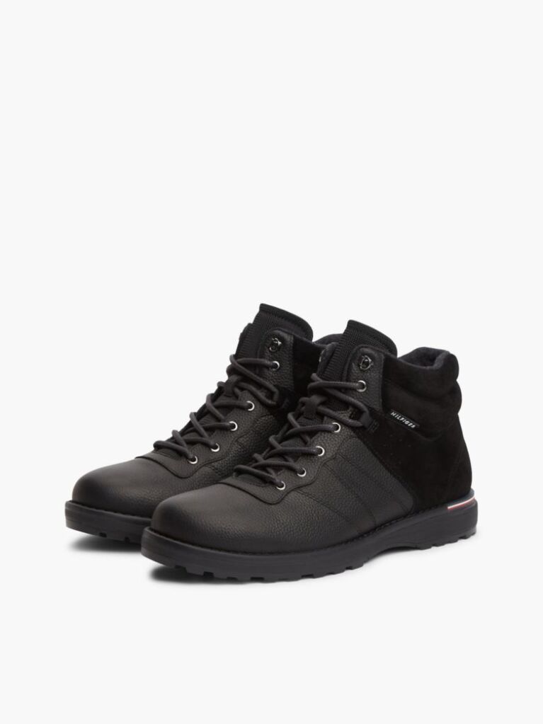 Black Leather Outdoor Cleat Mixed Texture Boots  Men