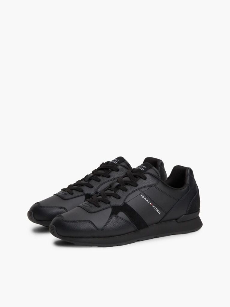 Μαύρο Δερμάτινα Sneakers Με Ανάγλυφο Λογότυπο  Άνδρες
