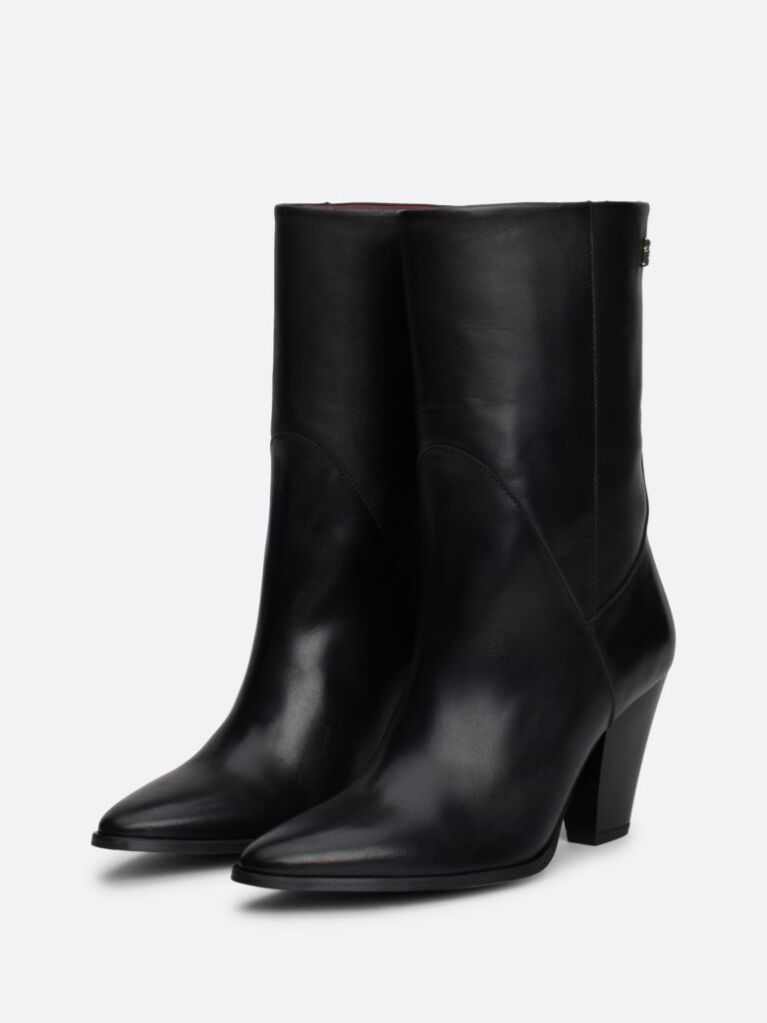 Black Leather Cuban Heel Mid Boots  Women