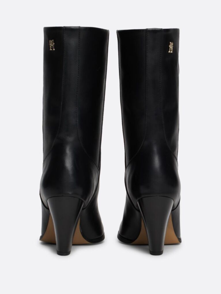 Black Leather Cuban Heel Mid Boots  Women