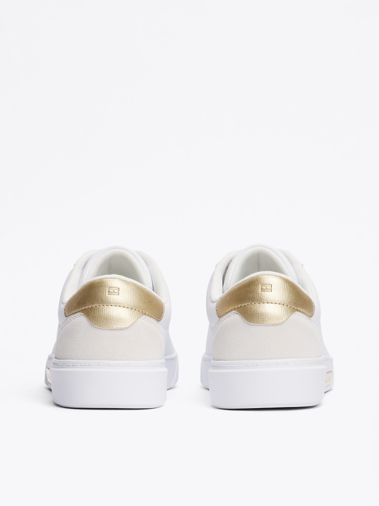 White Metallic Leather Court Trainers  Women