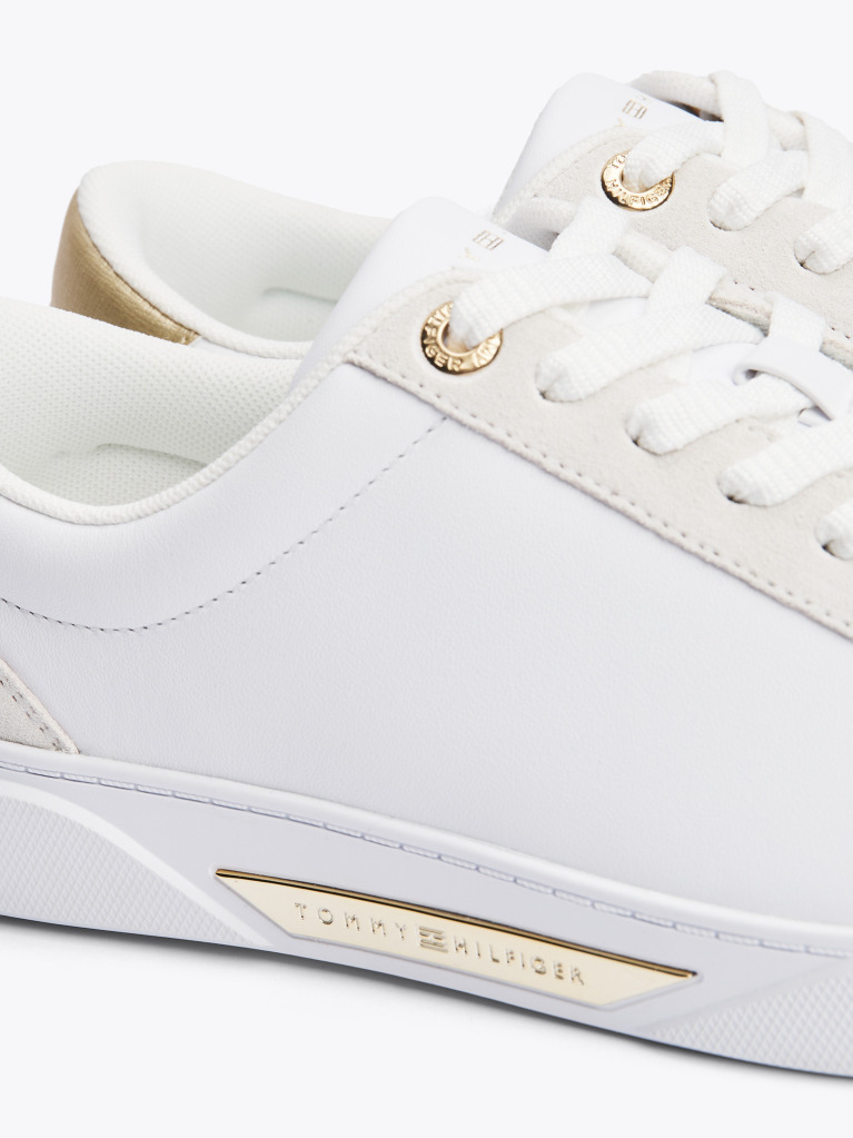 White Metallic Leather Court Trainers  Women