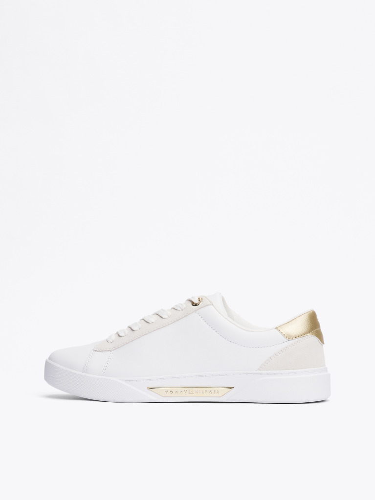 White Metallic Leather Court Trainers  Women