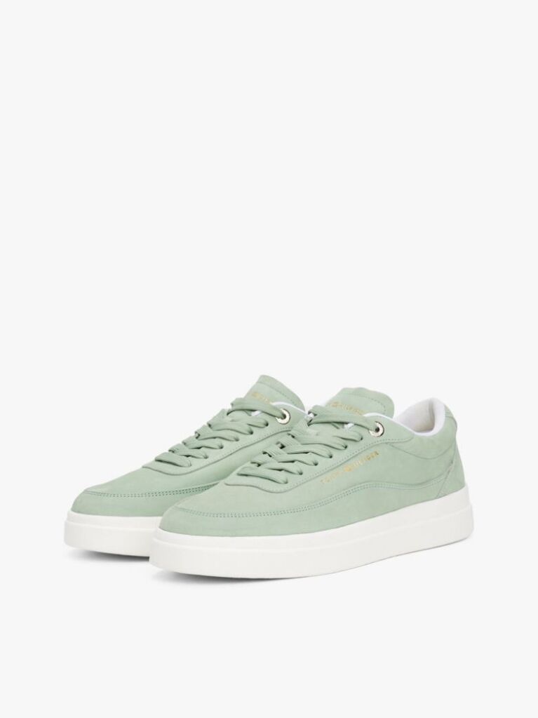Green Leather Metallic Logo Court Trainers  Women