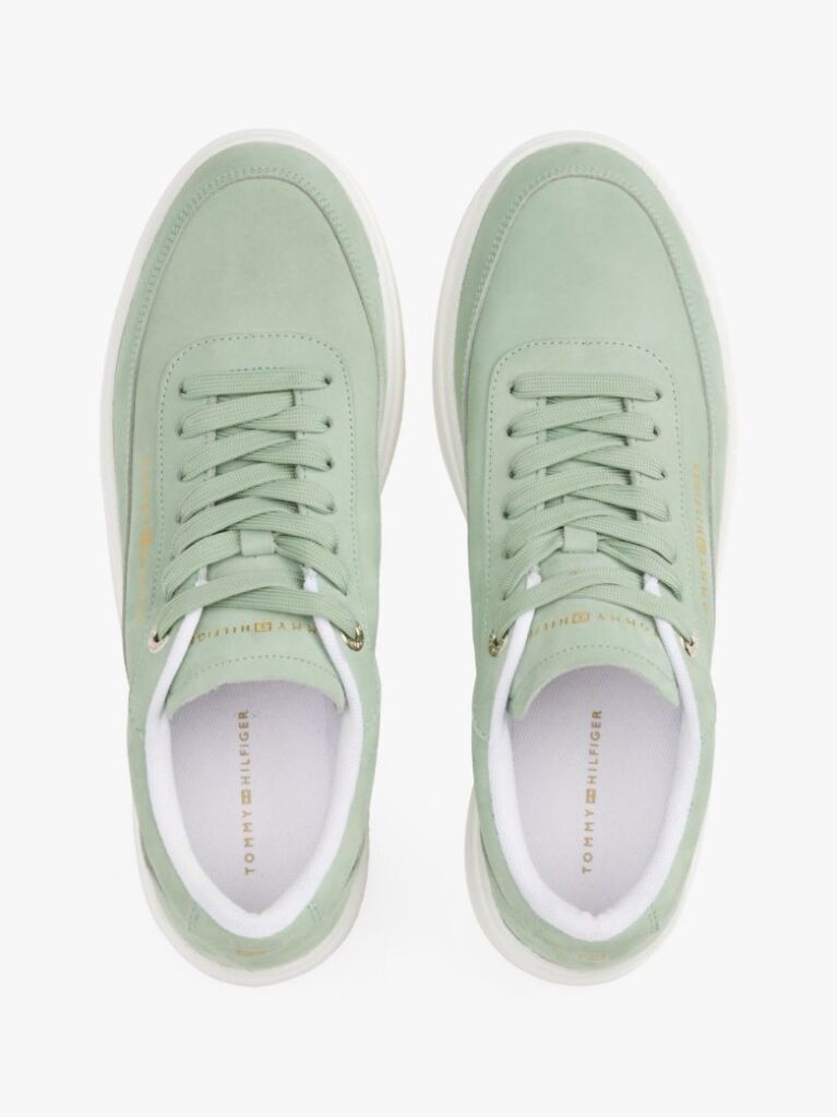 Green Leather Metallic Logo Court Trainers  Women