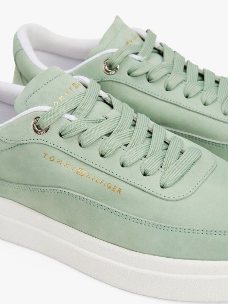 Green Leather Metallic Logo Court Trainers  Women