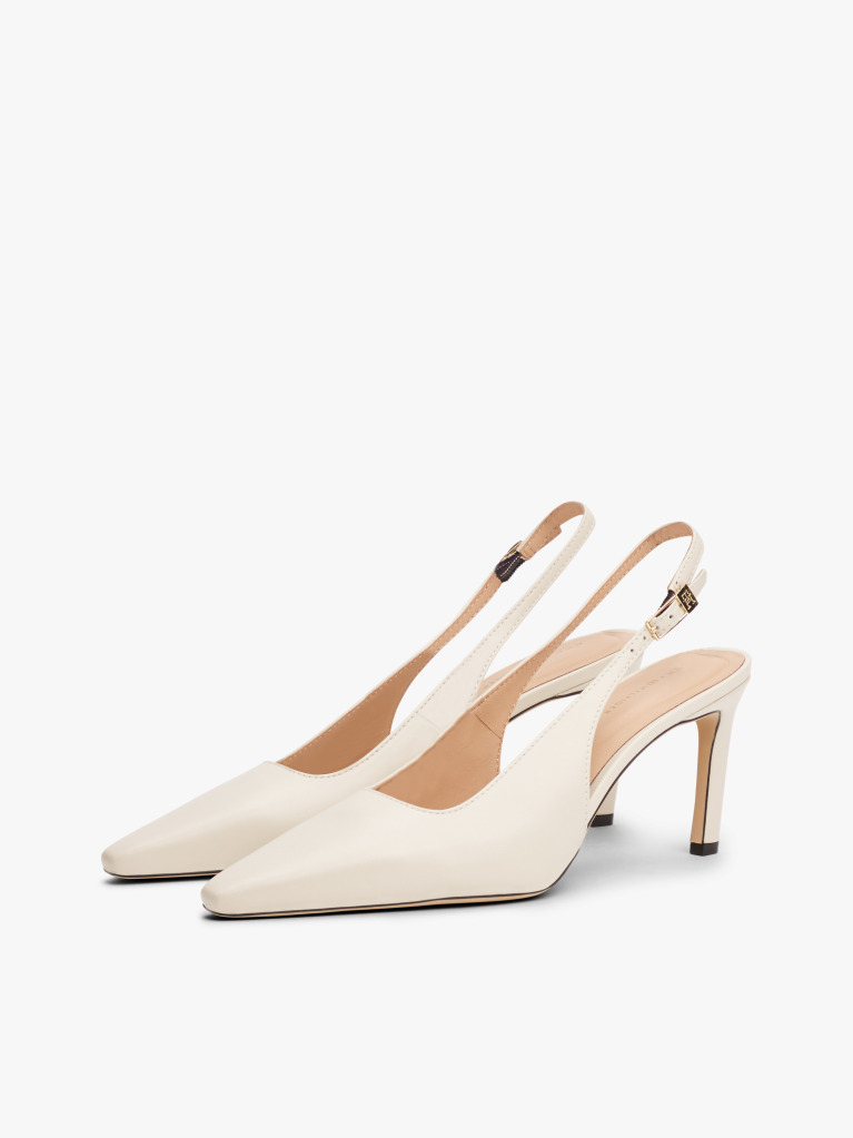 Beige Leather Pointed Toe Slingback Heels  Women