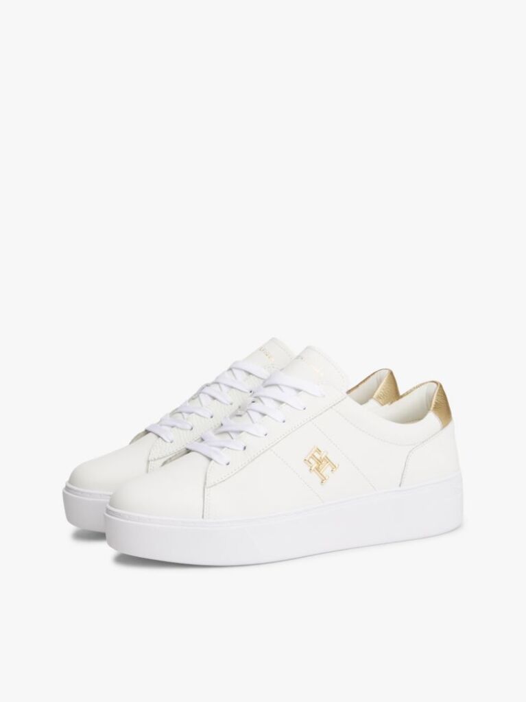 White Leather Platform Court Trainers  Women