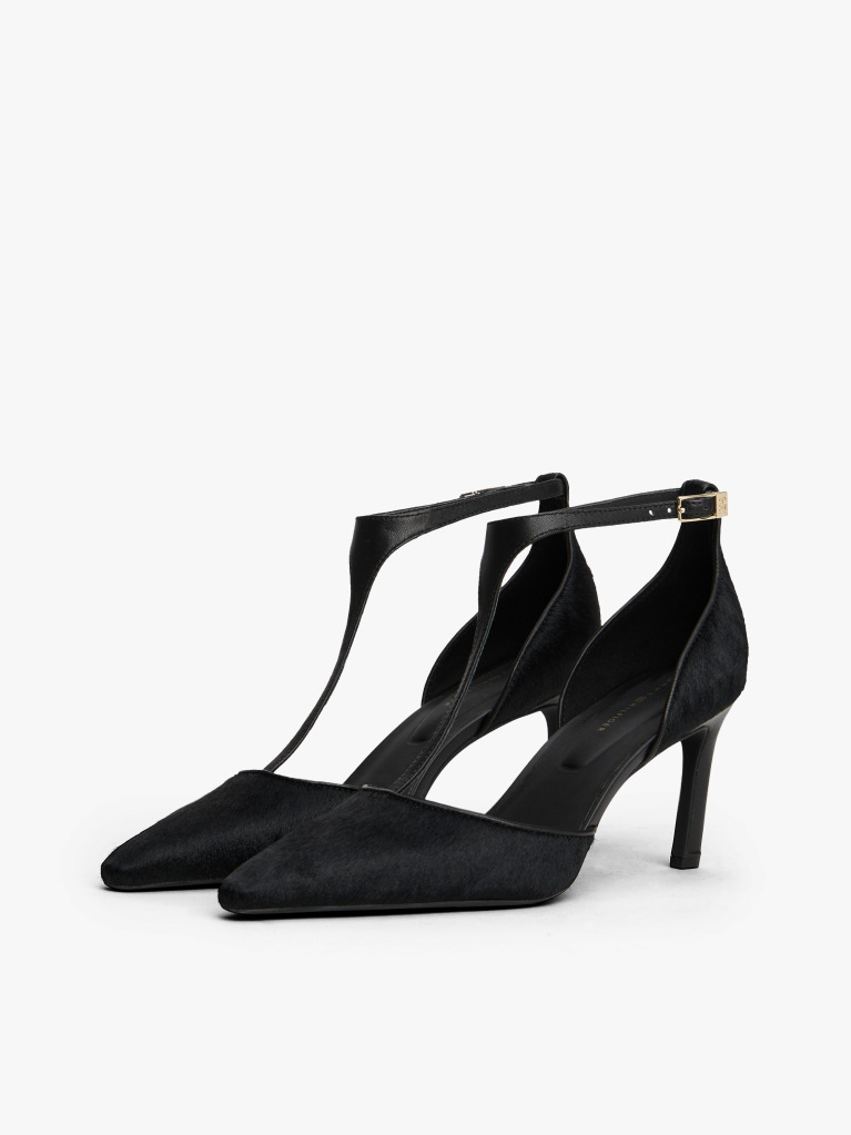 Black T-Bar Ankle Strap Stiletto Heels  Women