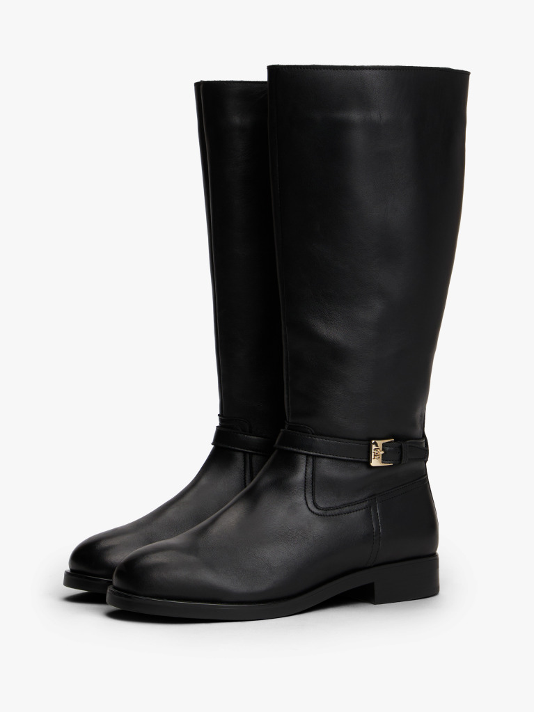 Black Leather TH Monogram Buckle Riding Boots  Women