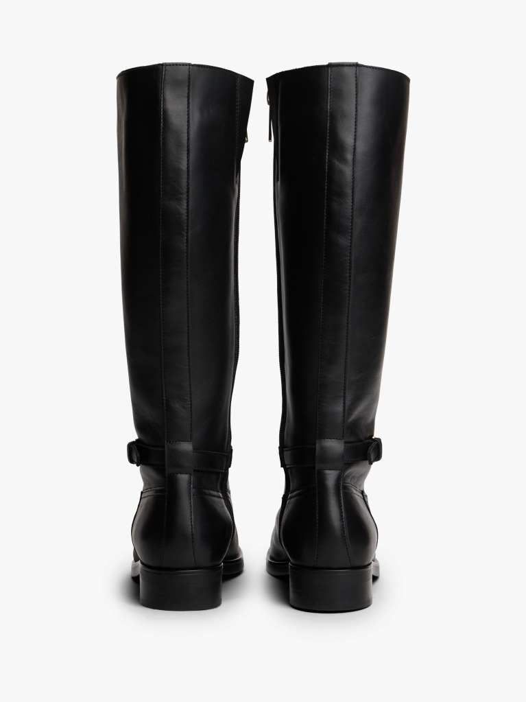 Black Leather TH Monogram Buckle Riding Boots  Women