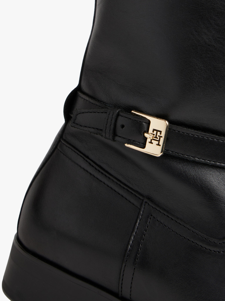 Black Leather TH Monogram Buckle Riding Boots  Women