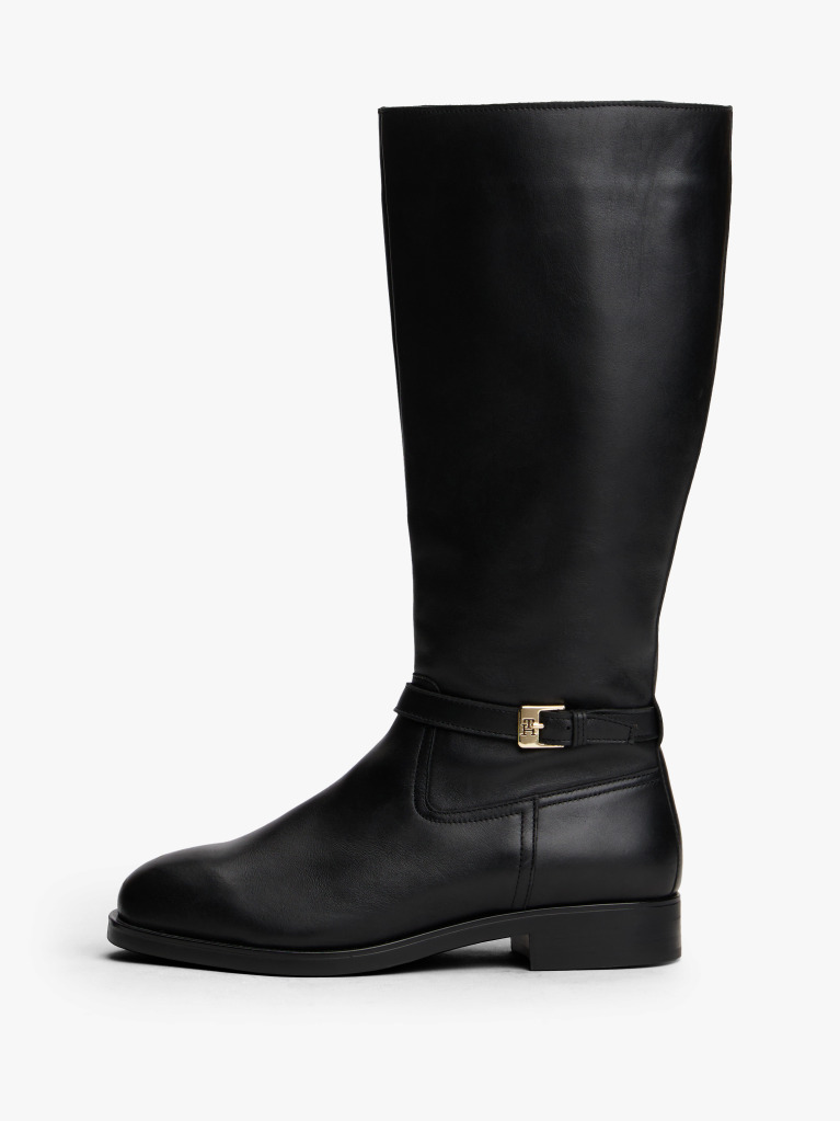 Black Leather TH Monogram Buckle Riding Boots  Women