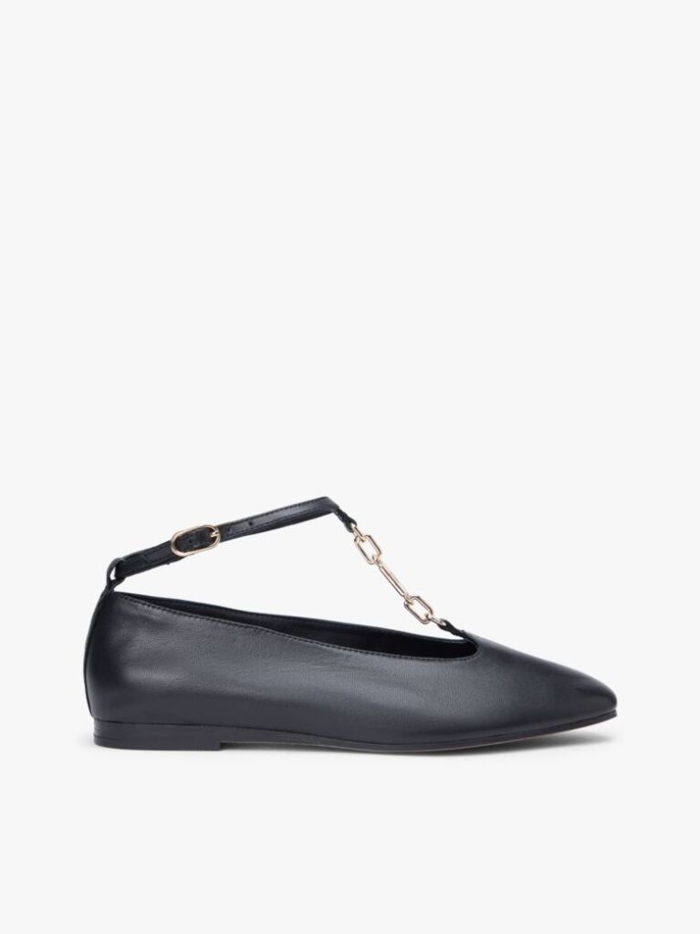 Black Leather T-Bar Chain Ballerinas  Women