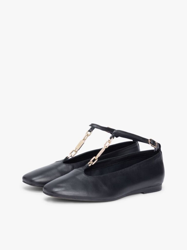 Black Leather T-Bar Chain Ballerinas  Women