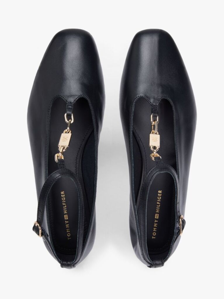 Black Leather T-Bar Chain Ballerinas  Women