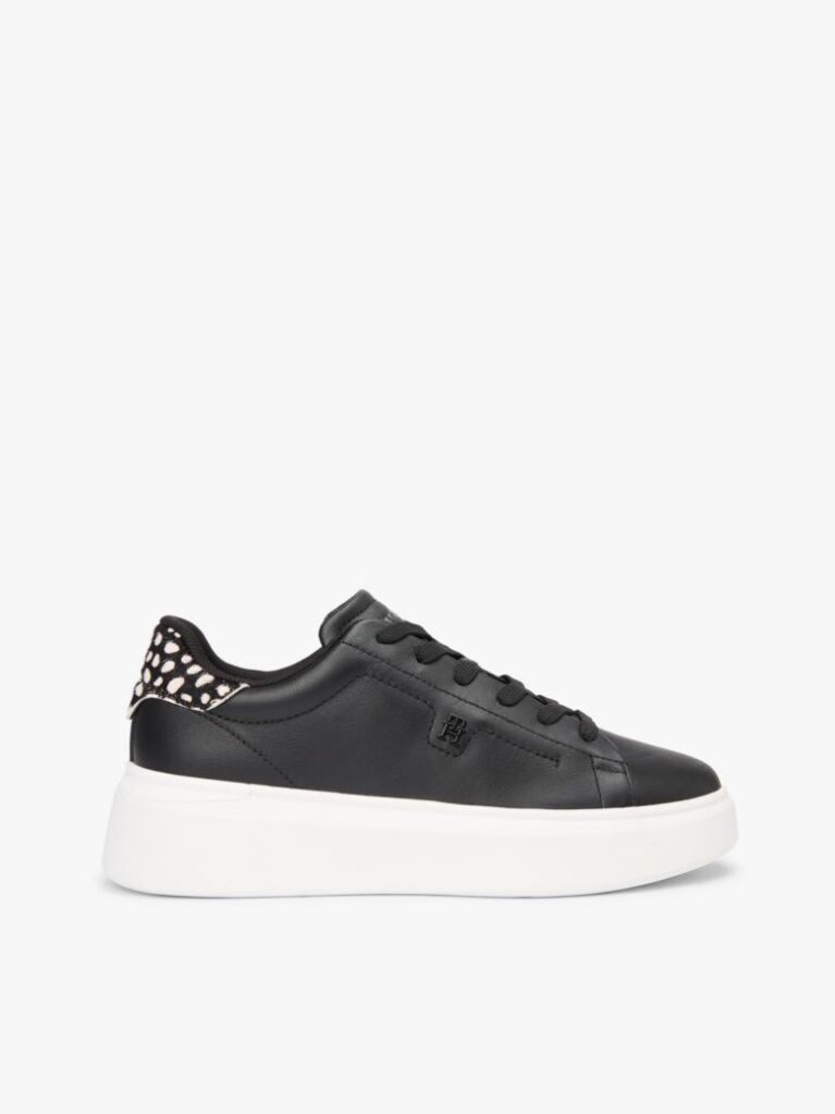 Μαύρο Δερμάτινα Sneakers Με Πλατφόρμα Και Λεοπάρ Λεπτομέρεια  Γυναίκες