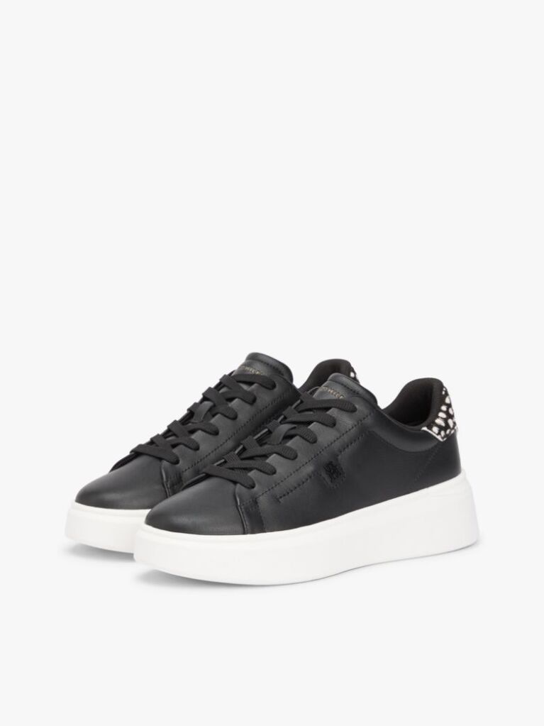 Μαύρο Δερμάτινα Sneakers Με Πλατφόρμα Και Λεοπάρ Λεπτομέρεια  Γυναίκες