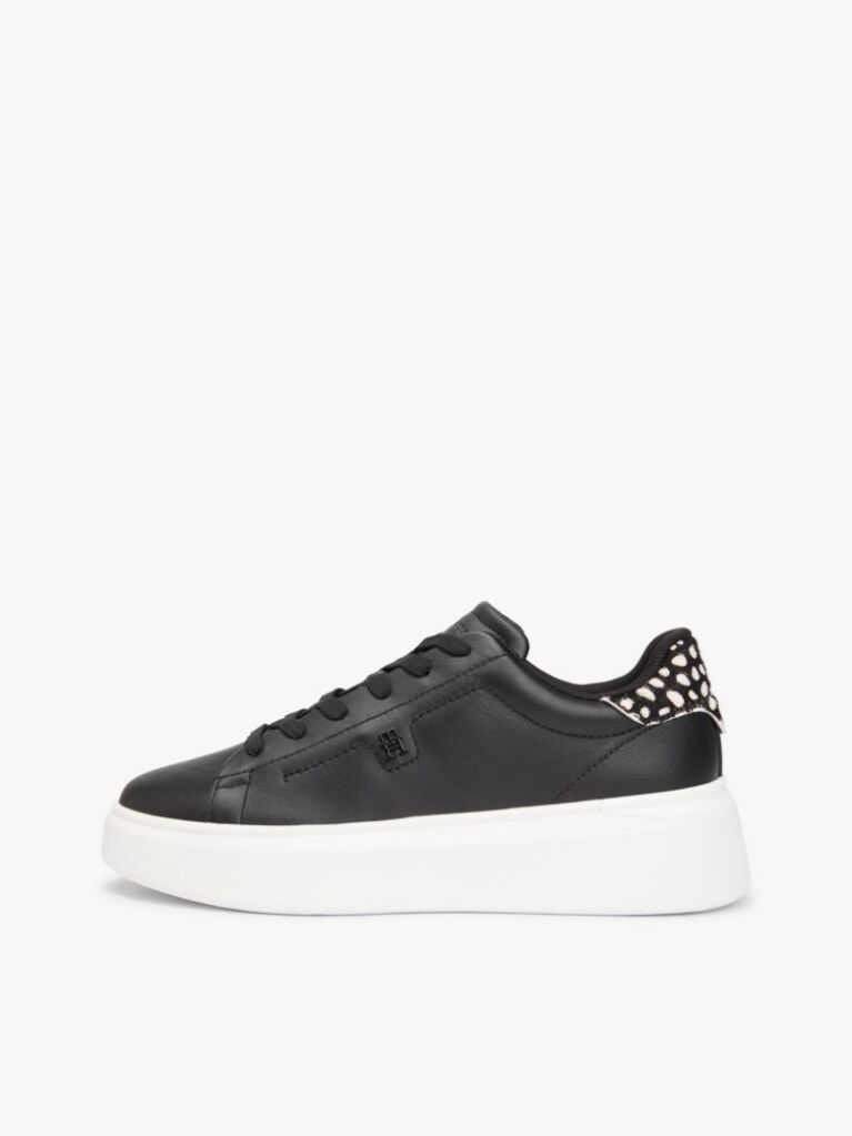 Μαύρο Δερμάτινα Sneakers Με Πλατφόρμα Και Λεοπάρ Λεπτομέρεια  Γυναίκες
