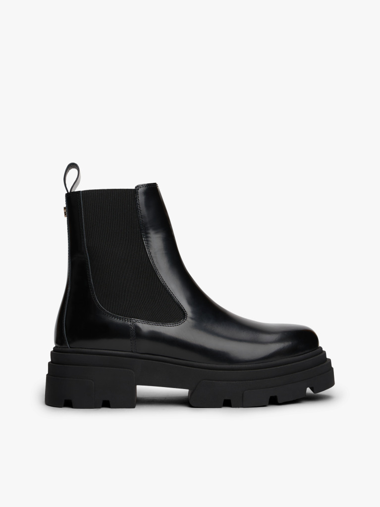 Black Shiny Leather Cleat Chelsea Boots  Women