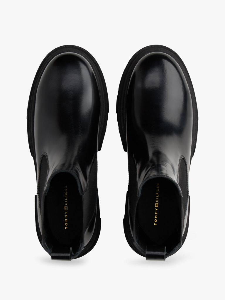 Black Shiny Leather Cleat Chelsea Boots  Women