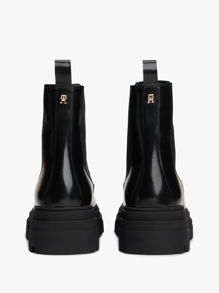 Black Shiny Leather Cleat Chelsea Boots  Women