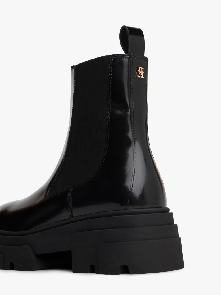 Black Shiny Leather Cleat Chelsea Boots  Women