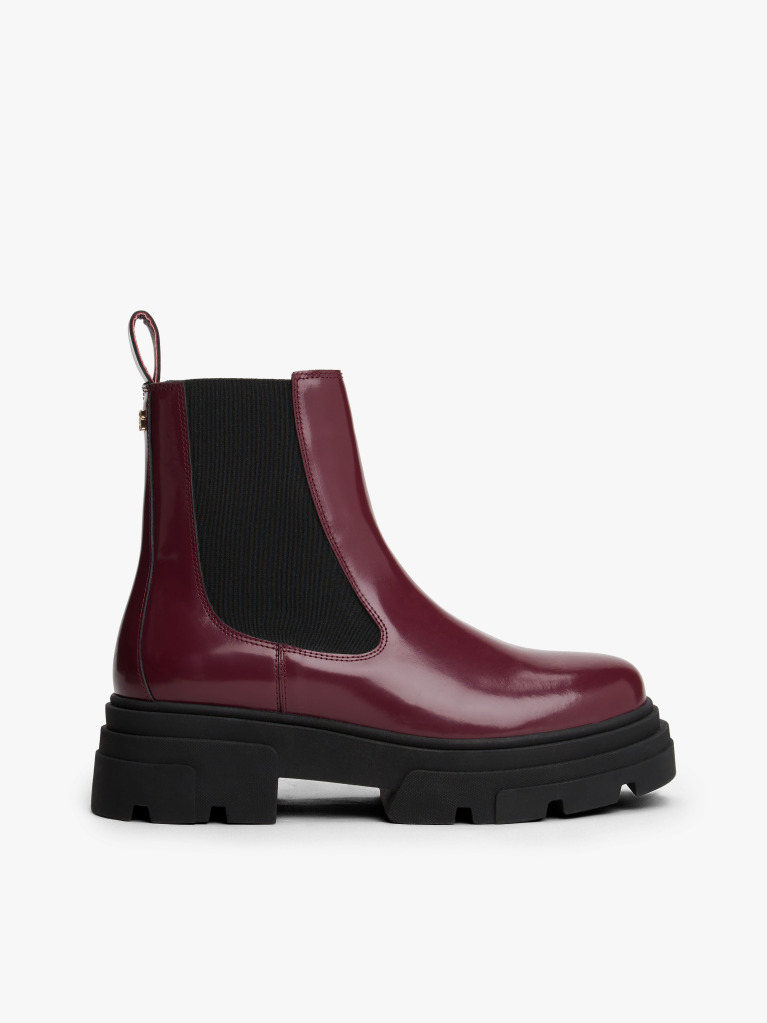 Brown Shiny Leather Cleat Chelsea Boots  Women