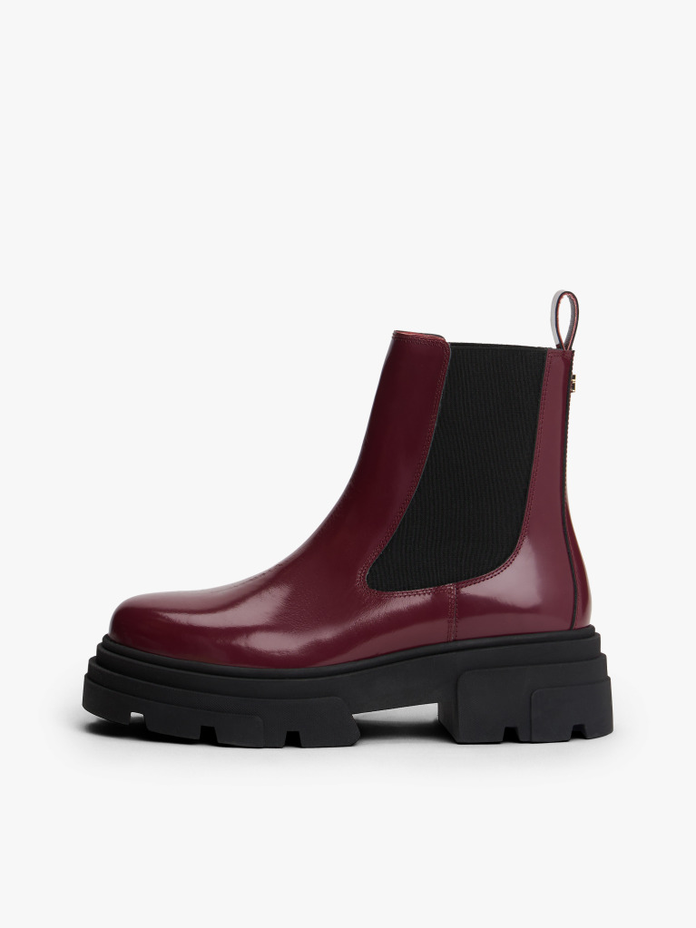 Brown Shiny Leather Cleat Chelsea Boots  Women