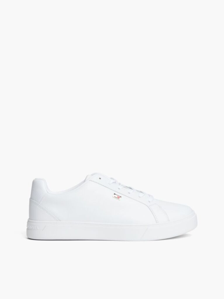 White Enamel Flag Leather Court Sneakers  Women