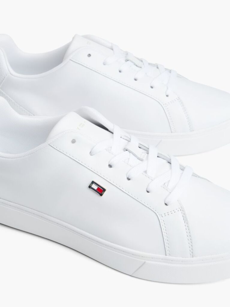 White Enamel Flag Leather Court Sneakers  Women