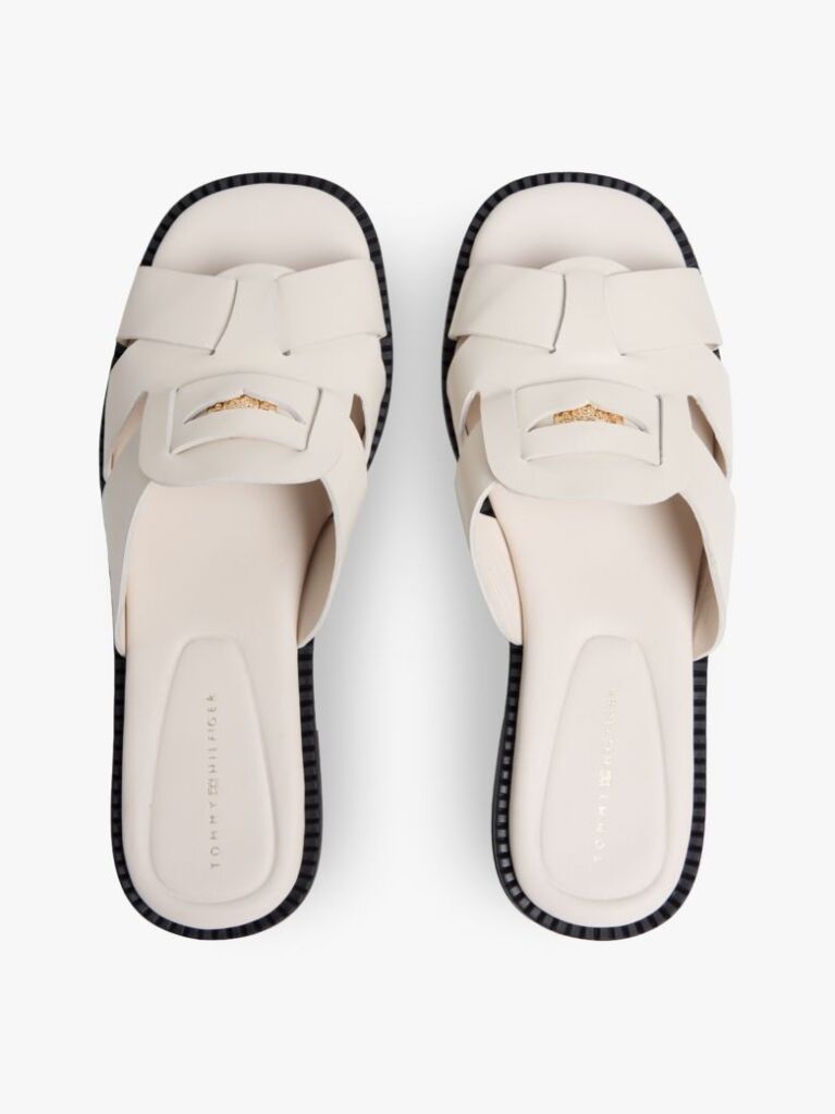 Beige Leather Crest Square Toe Sandals  Women